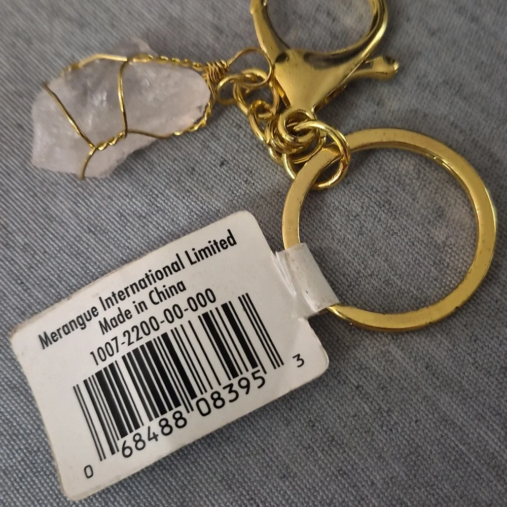 Natural White Quartz Crystal Goldtone  Keychain New